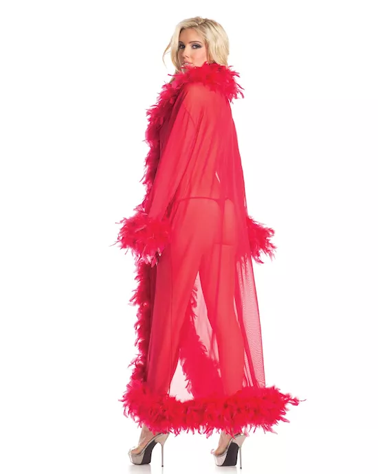 Sheer Glamour Robe With Feather Boa Trim