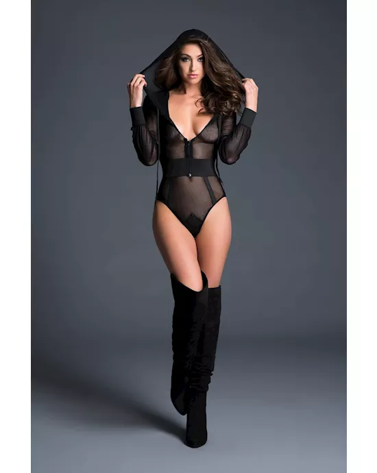 Adore Chloe Hooded Fishnet Bodysuit With Cut Back