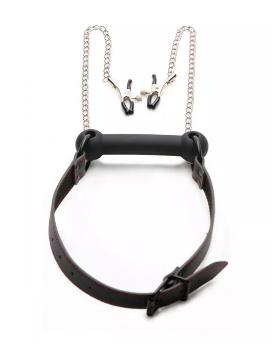 Strict Silicone Bit Gag With Nipple Clamps