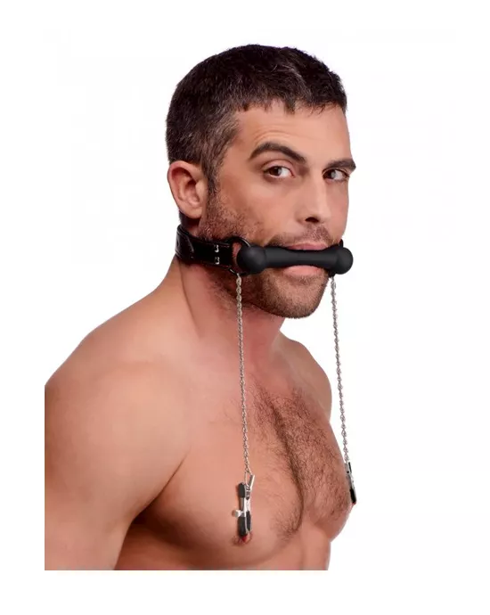 Strict Silicone Bit Gag With Nipple Clamps