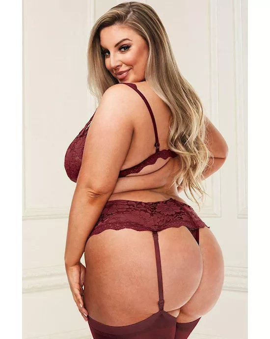 3 Piece Lacey Bra Garter Skirt And G-string Set