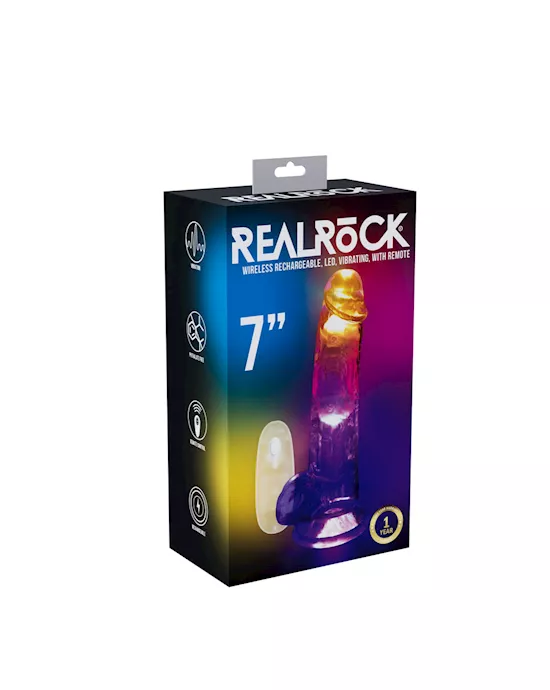 REALROCK7withBallsWirelessRechargeableLEDVibratingDong-ClearwithLED195cmUSBRechargeableVibratingDongwithRemote